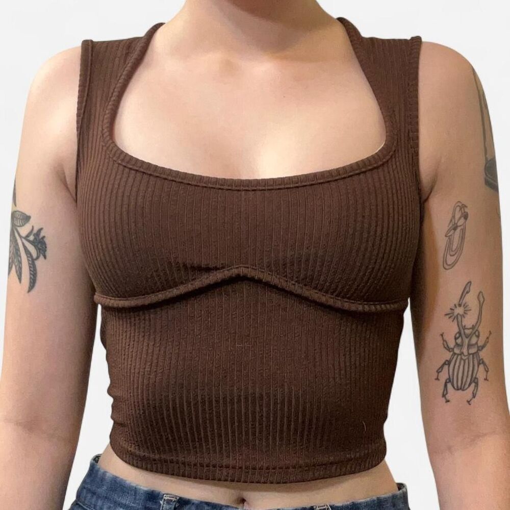 Women's Brown Ribbed Square Neck Cropped Tank Top